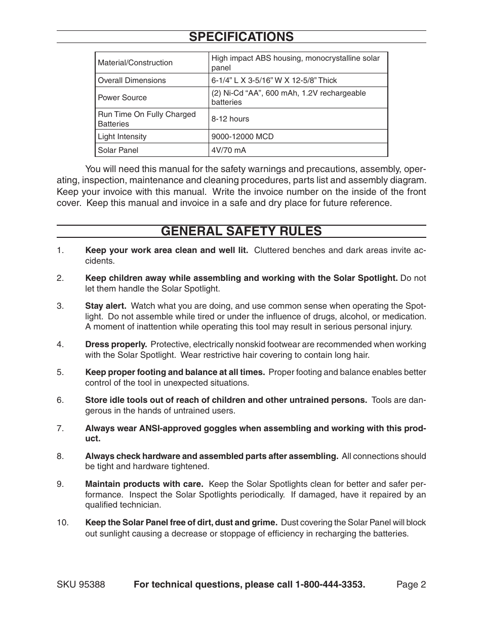 Specifications, General safety rules | One Stop Gardens 95388 User Manual | Page 2 / 6