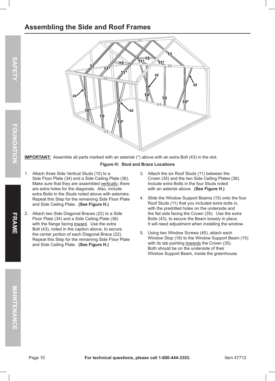 Assembling the side and roof frames, Safety frame maintenance founda tion | One Stop Gardens Greenhouse 44712 User Manual | Page 10 / 16