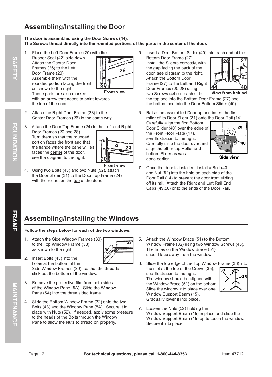 Assembling/installing the door, Assembling/installing the windows, Safety frame maintenance founda tion | One Stop Gardens Greenhouse 44712 User Manual | Page 12 / 16