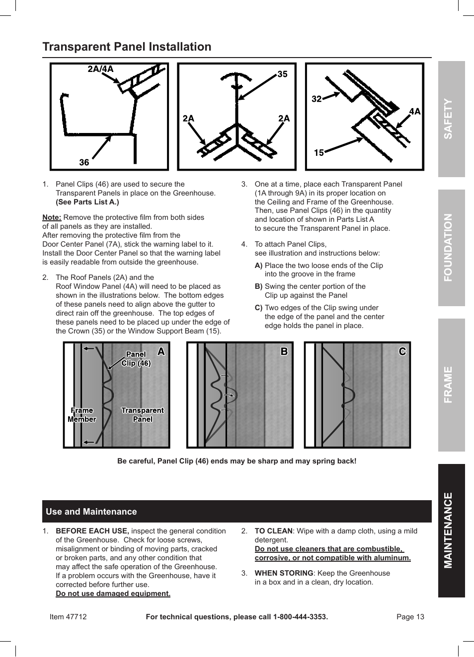 Transparent panel installation, Safety frame maintenance founda tion | One Stop Gardens Greenhouse 44712 User Manual | Page 13 / 16