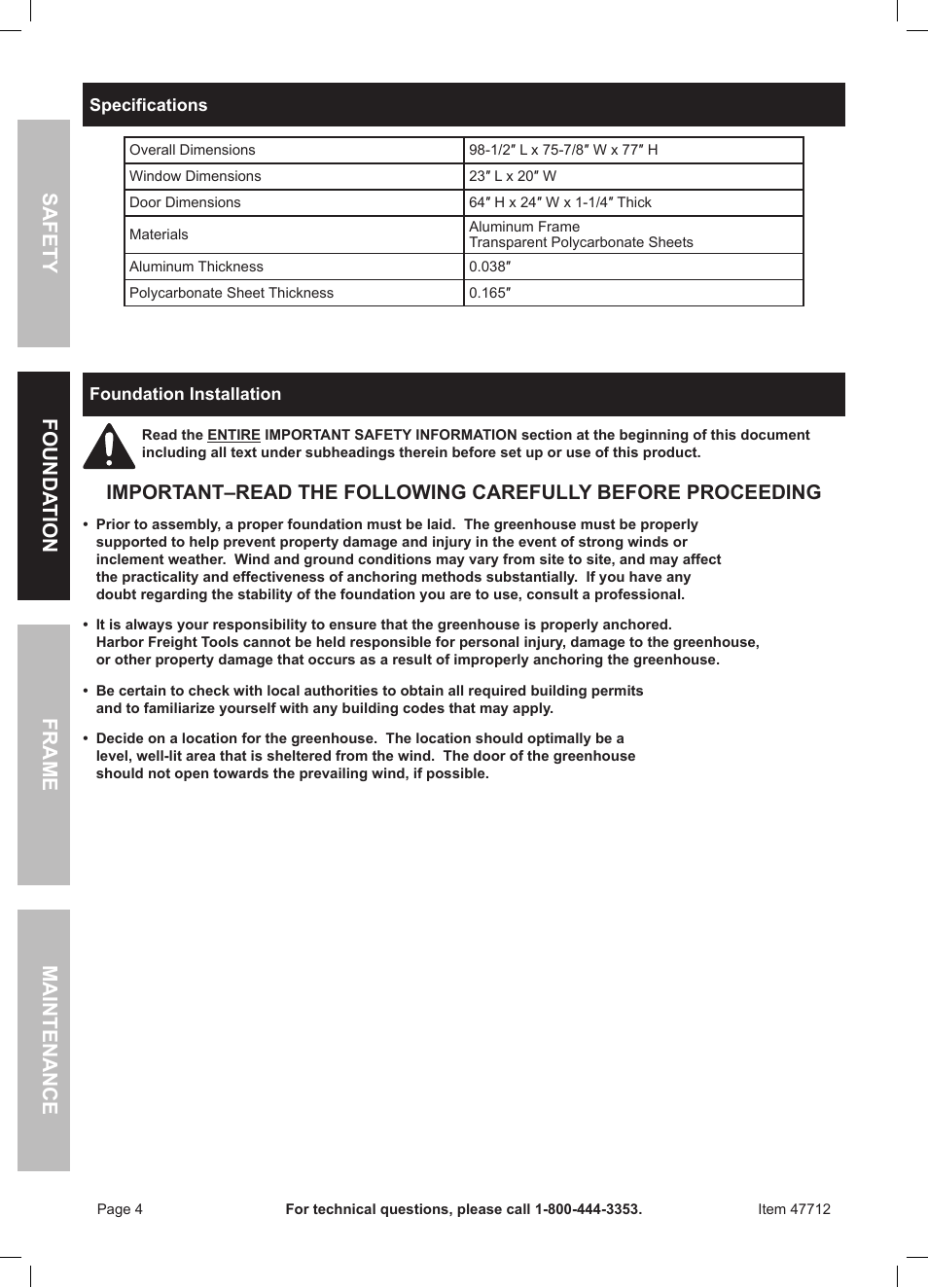 Safety frame maintenance founda tion | One Stop Gardens Greenhouse 44712 User Manual | Page 4 / 16