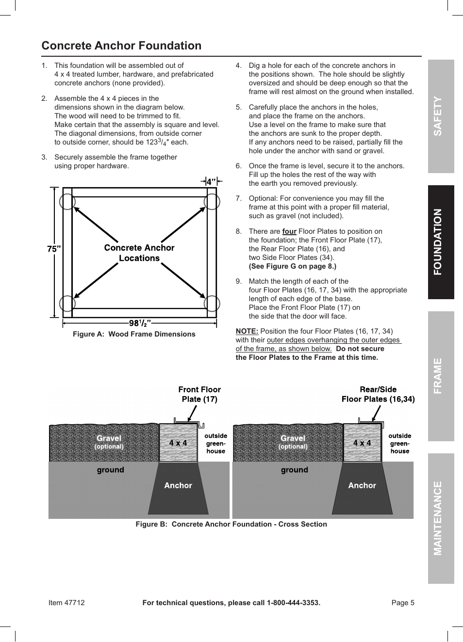 Concrete anchor foundation, Safety frame maintenance founda tion | One Stop Gardens Greenhouse 44712 User Manual | Page 5 / 16