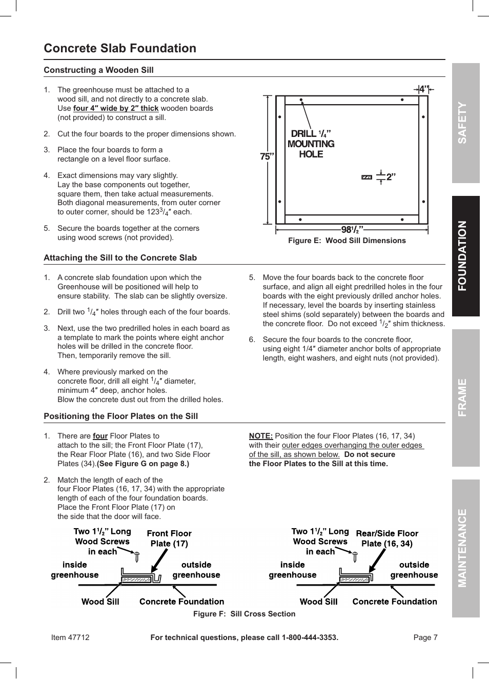 Concrete slab foundation, Safety frame maintenance founda tion | One Stop Gardens Greenhouse 44712 User Manual | Page 7 / 16