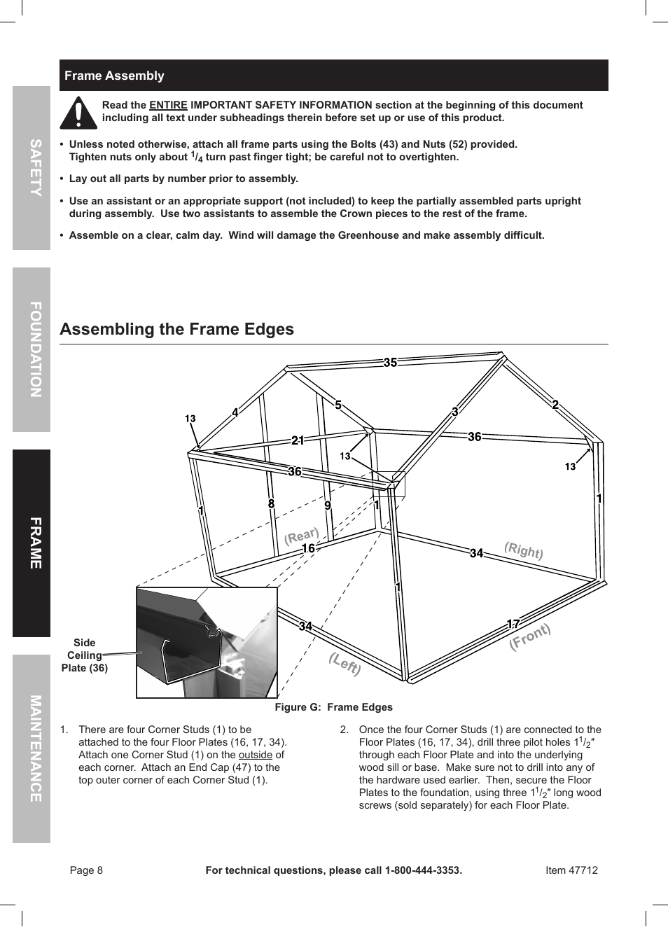 Assembling the frame edges, Safety frame maintenance founda tion, Front) | Left) | One Stop Gardens Greenhouse 44712 User Manual | Page 8 / 16