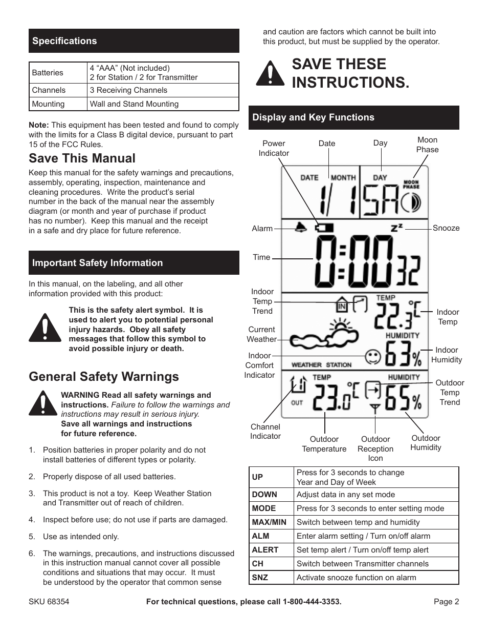 Save these instructions, Save this manual, General safety warnings | One Stop Gardens Digital Weather Station 68354 User Manual | Page 2 / 7