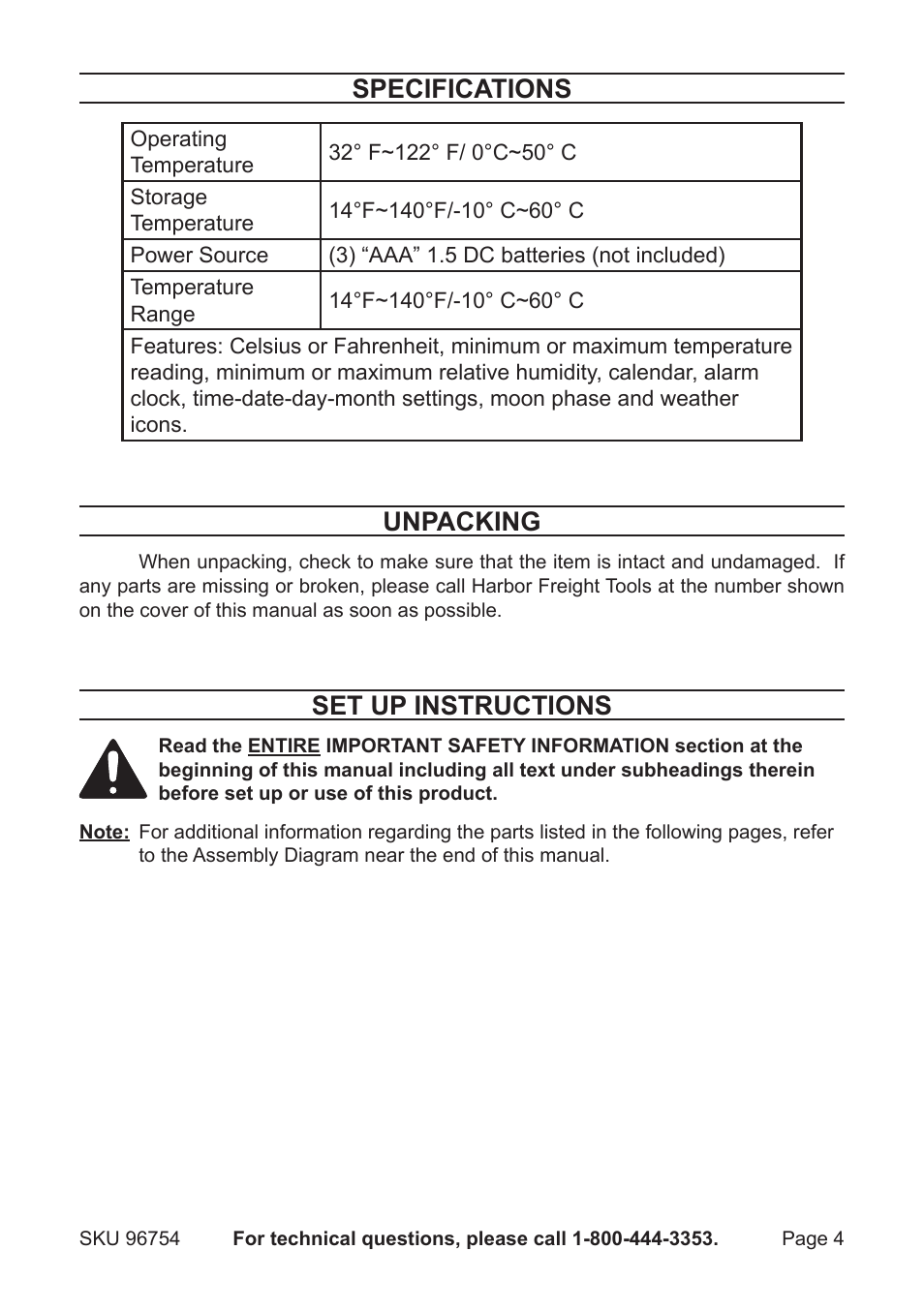 Specifications, Unpacking, Set up instructions | One Stop Gardens 96754 User Manual | Page 4 / 8