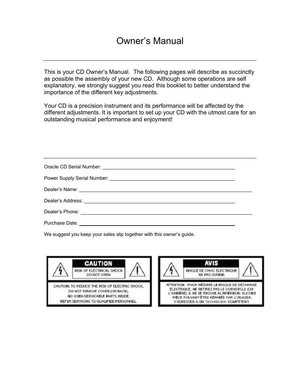 Owner’s manual, Foreword, For your records | Oracle Audio Technologies CD 2000 User Manual | Page 2 / 21