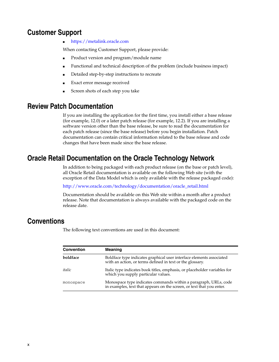 Customer support, Review patch documentation, Conventions | Oracle Audio Technologies Oracle Retail Place 12.2 User Manual | Page 10 / 68