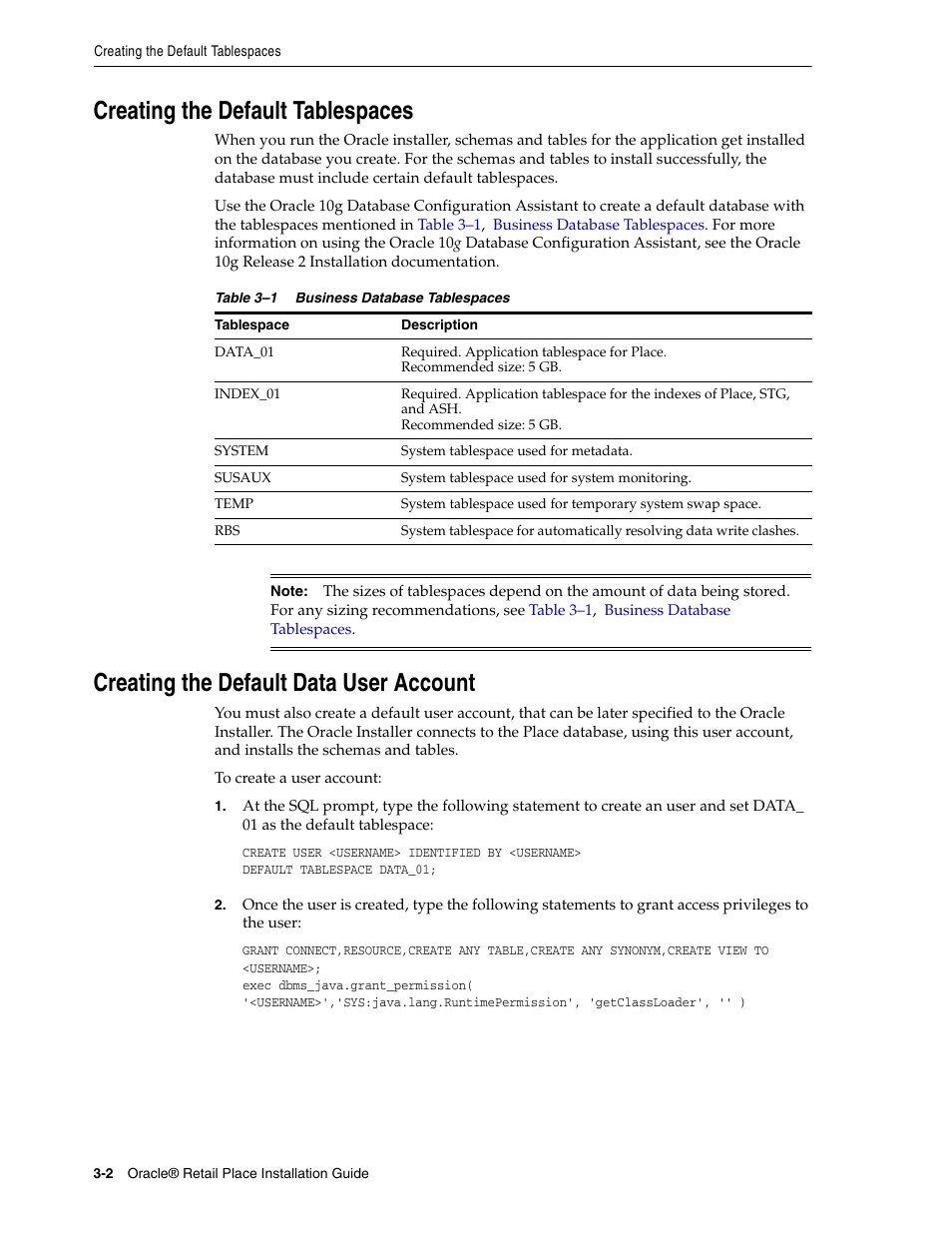 Creating the default tablespaces, Creating the default data user account | Oracle Audio Technologies Oracle Retail Place 12.2 User Manual | Page 20 / 68