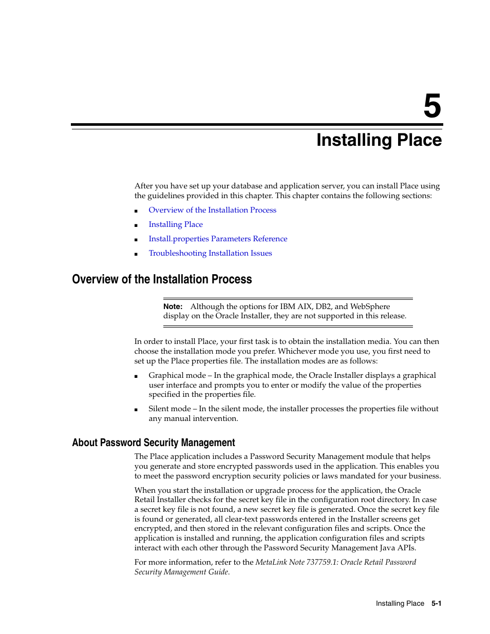 5 installing place, Overview of the installation process, About password security management | Installing place, About password security management -1, Chapter 5, "installing place | Oracle Audio Technologies Oracle Retail Place 12.2 User Manual | Page 29 / 68