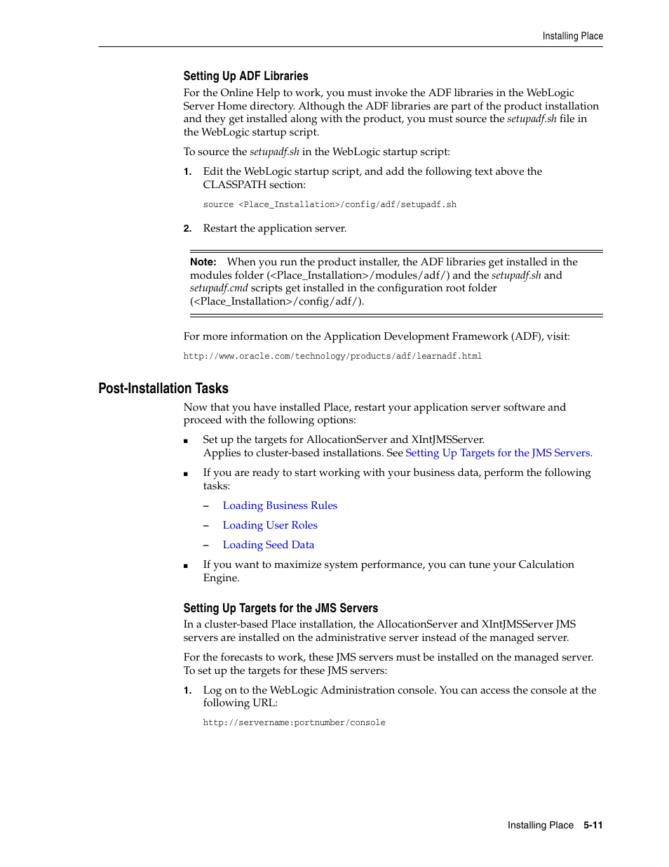 Setting up adf libraries, Post-installation tasks, Setting up targets for the jms servers | Oracle Audio Technologies Oracle Retail Place 12.2 User Manual | Page 39 / 68