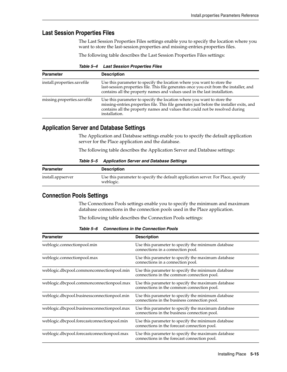 Last session properties files, Application server and database settings, Connection pools settings | Oracle Audio Technologies Oracle Retail Place 12.2 User Manual | Page 43 / 68