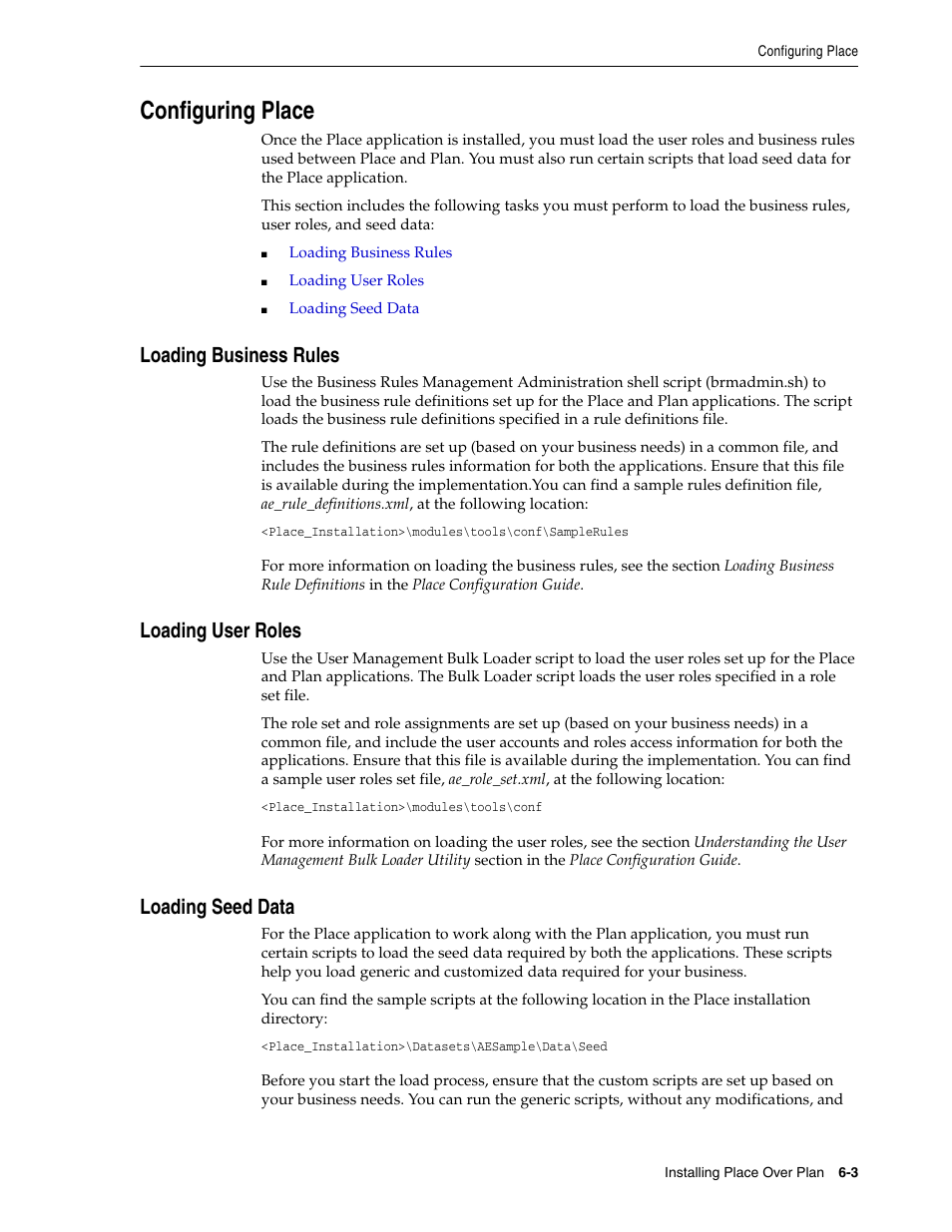 Configuring place, Loading business rules, Loading user roles | Loading seed data | Oracle Audio Technologies Oracle Retail Place 12.2 User Manual | Page 57 / 68