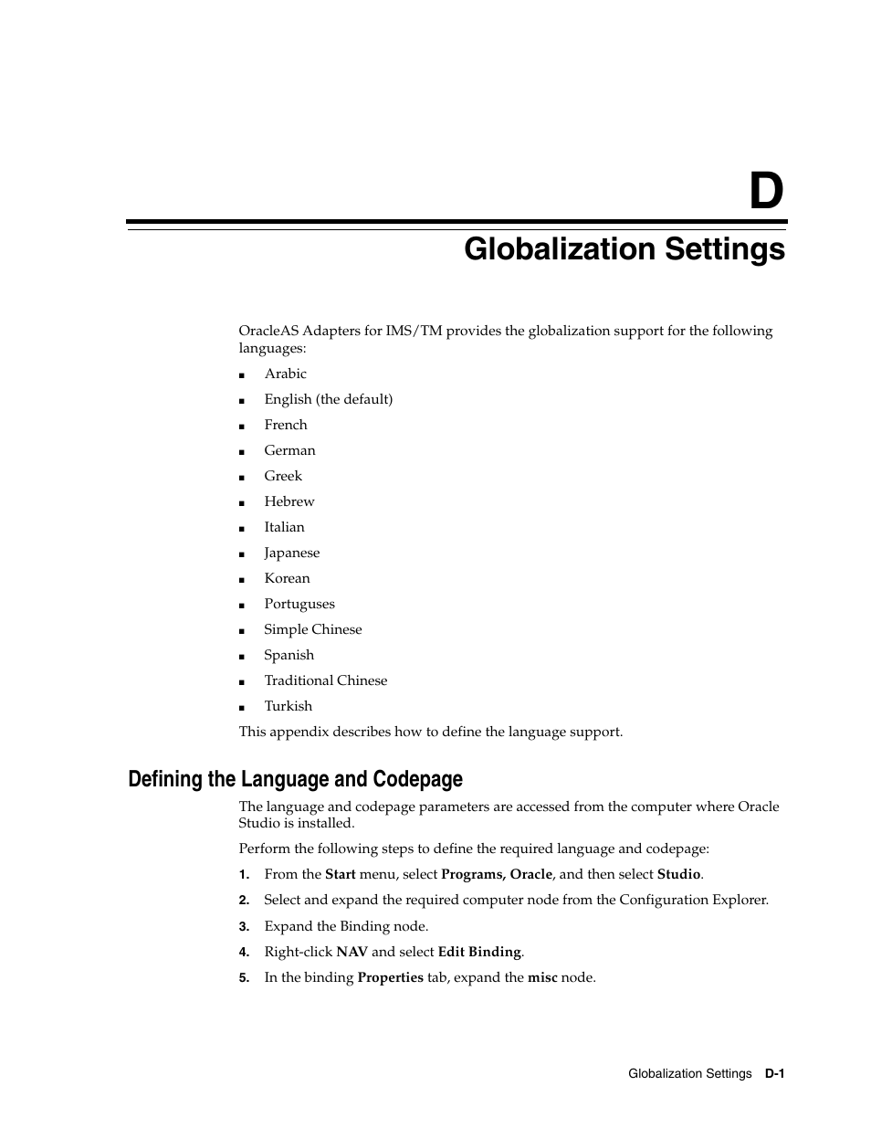 D globalization settings, Appendix d, Globalization settings | Appendix d, "globalization settings, Defining the language and codepage | Oracle Audio Technologies B31003-01 User Manual | Page 105 / 112