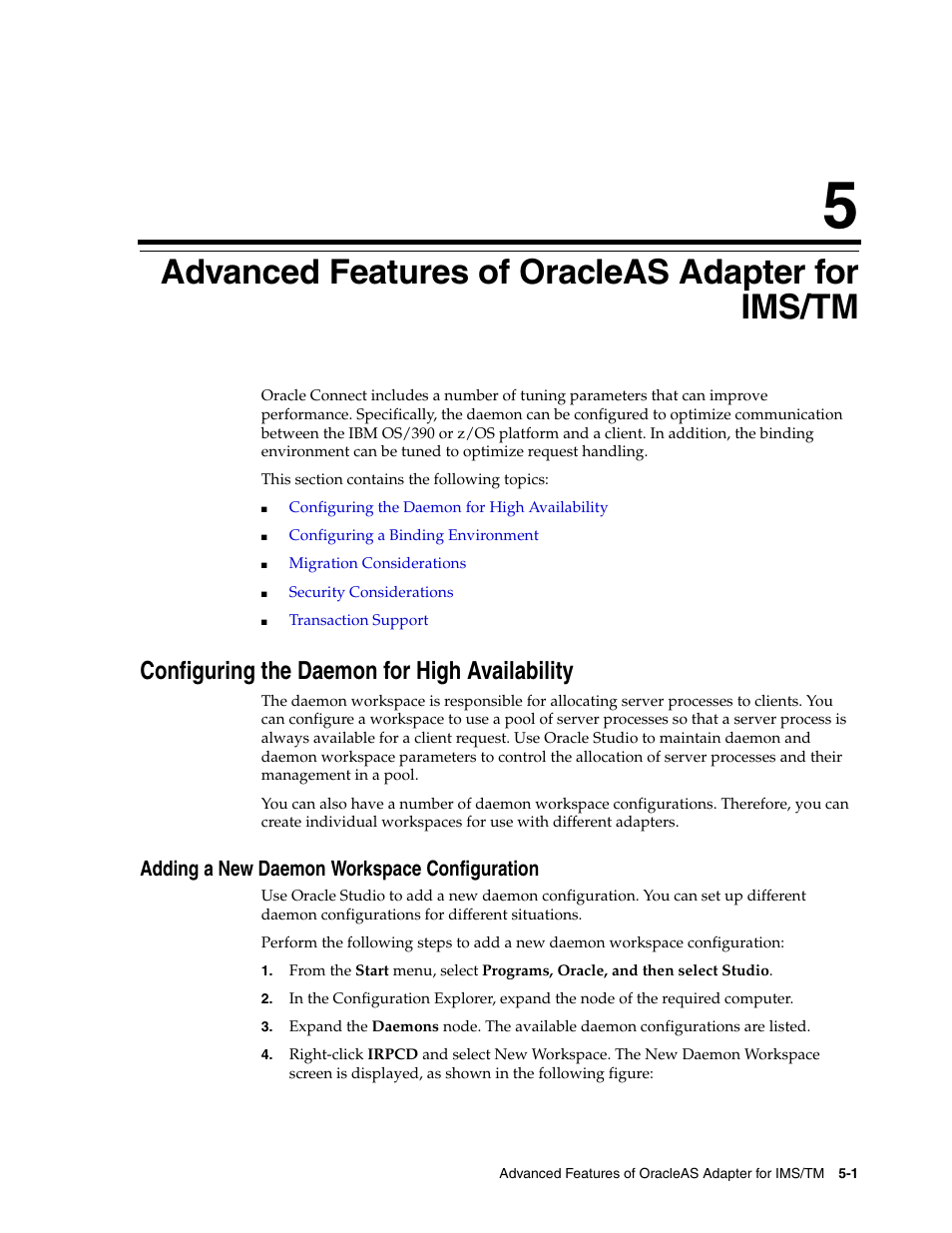 5 advanced features of oracleas adapter for ims/tm, Configuring the daemon for high availability, Adding a new daemon workspace configuration | Advanced features of oracleas adapter for ims/tm | Oracle Audio Technologies B31003-01 User Manual | Page 37 / 112