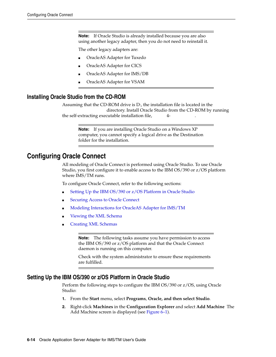 Installing oracle studio from the cd-rom, Configuring oracle connect, Setting up the ibm os/390 or z/os platform | In oracle studio, Fined in, Setting up the, Ibm os/390 or z/os platform in oracle studio | Oracle Audio Technologies B31003-01 User Manual | Page 62 / 112