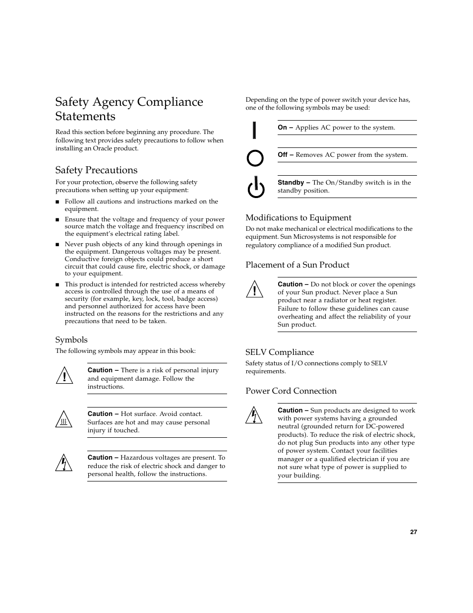 Safety agency compliance statements, Safety precautions, Symbols | Modifications to equipment, Placement of a sun product, Selv compliance, Power cord connection | Oracle Audio Technologies Sun StorageTek ATCA 4Gb FC Dual Port HBA SG-XPCIE2FC-ATCA-Z User Manual | Page 33 / 48