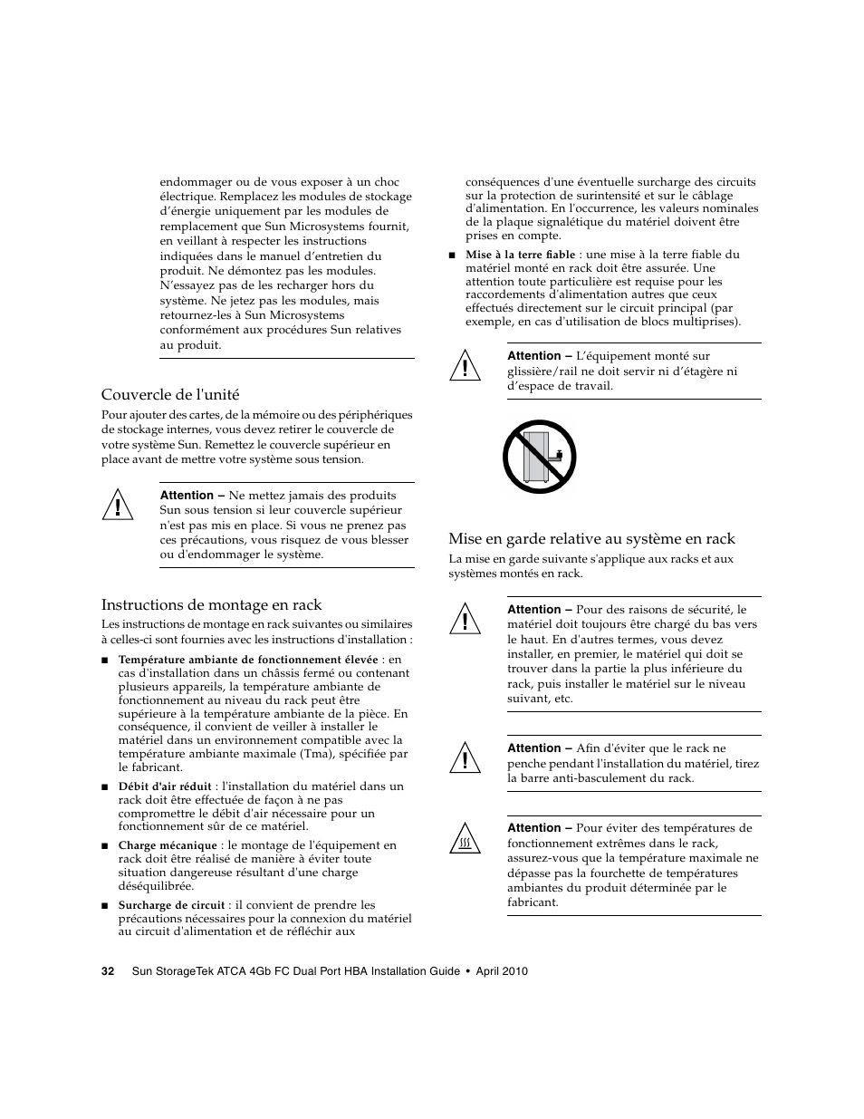 Couvercle de l'unité, Instructions de montage en rack, Mise en garde relative au système en rack | Oracle Audio Technologies Sun StorageTek ATCA 4Gb FC Dual Port HBA SG-XPCIE2FC-ATCA-Z User Manual | Page 38 / 48