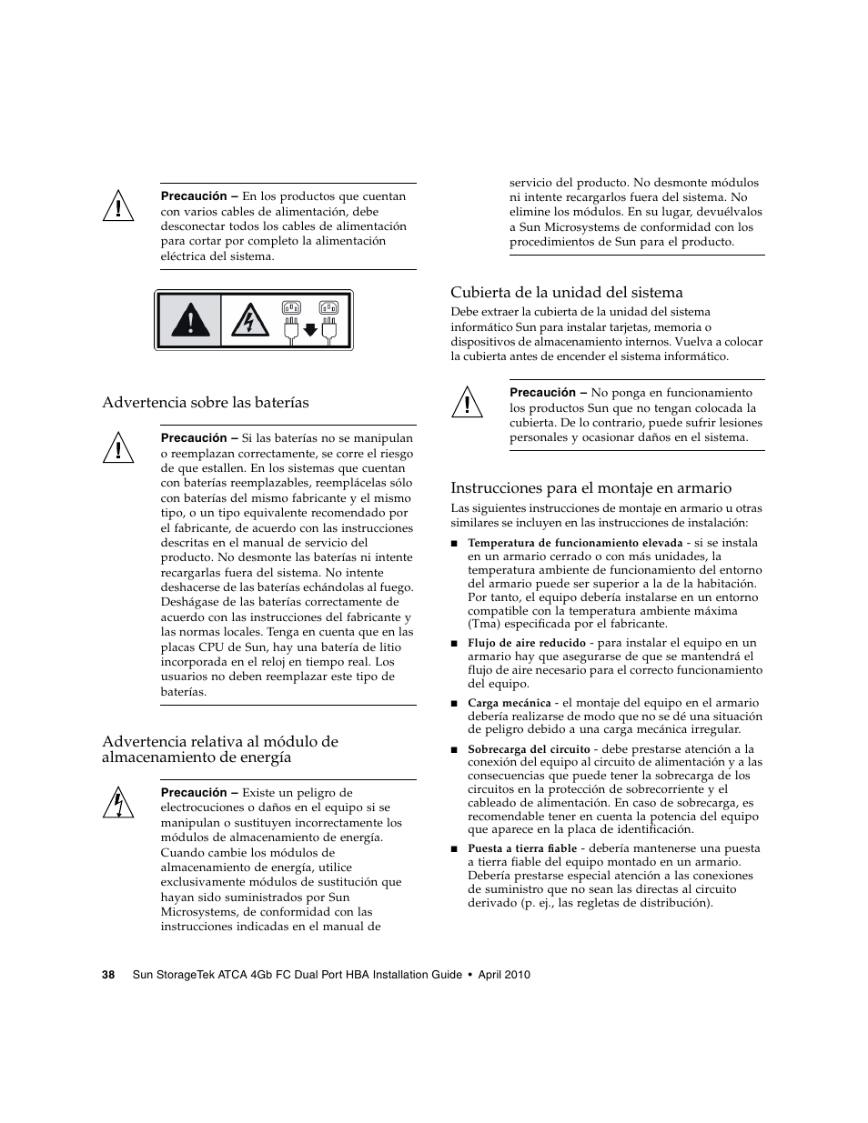Advertencia sobre las baterías, Cubierta de la unidad del sistema, Instrucciones para el montaje en armario | Oracle Audio Technologies Sun StorageTek ATCA 4Gb FC Dual Port HBA SG-XPCIE2FC-ATCA-Z User Manual | Page 44 / 48