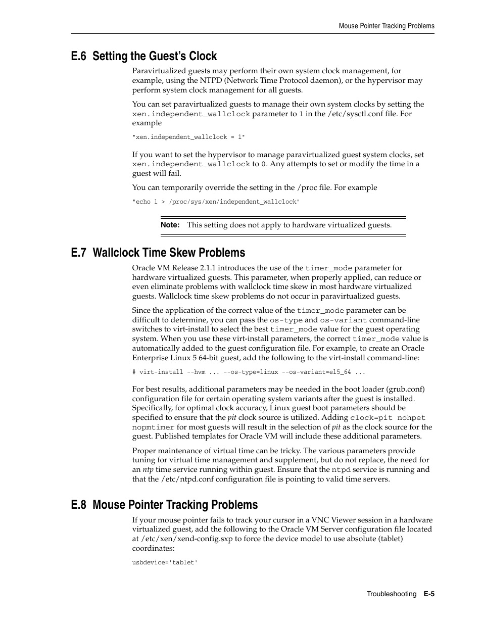 E.6 setting the guest’s clock, E.7 wallclock time skew problems, E.8 mouse pointer tracking problems | Setting, Wallclock time skew, Setting the guest’s clock, Wallclock time skew problems, Mouse pointer tracking problems | Oracle Audio Technologies E10898-02 User Manual | Page 101 / 112