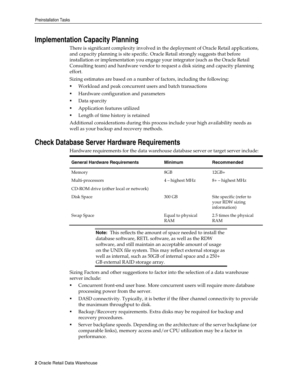 Implementation capacity planning, Check database server hardware requirements | Oracle Audio Technologies Retail Data Warehouse 13 User Manual | Page 10 / 35