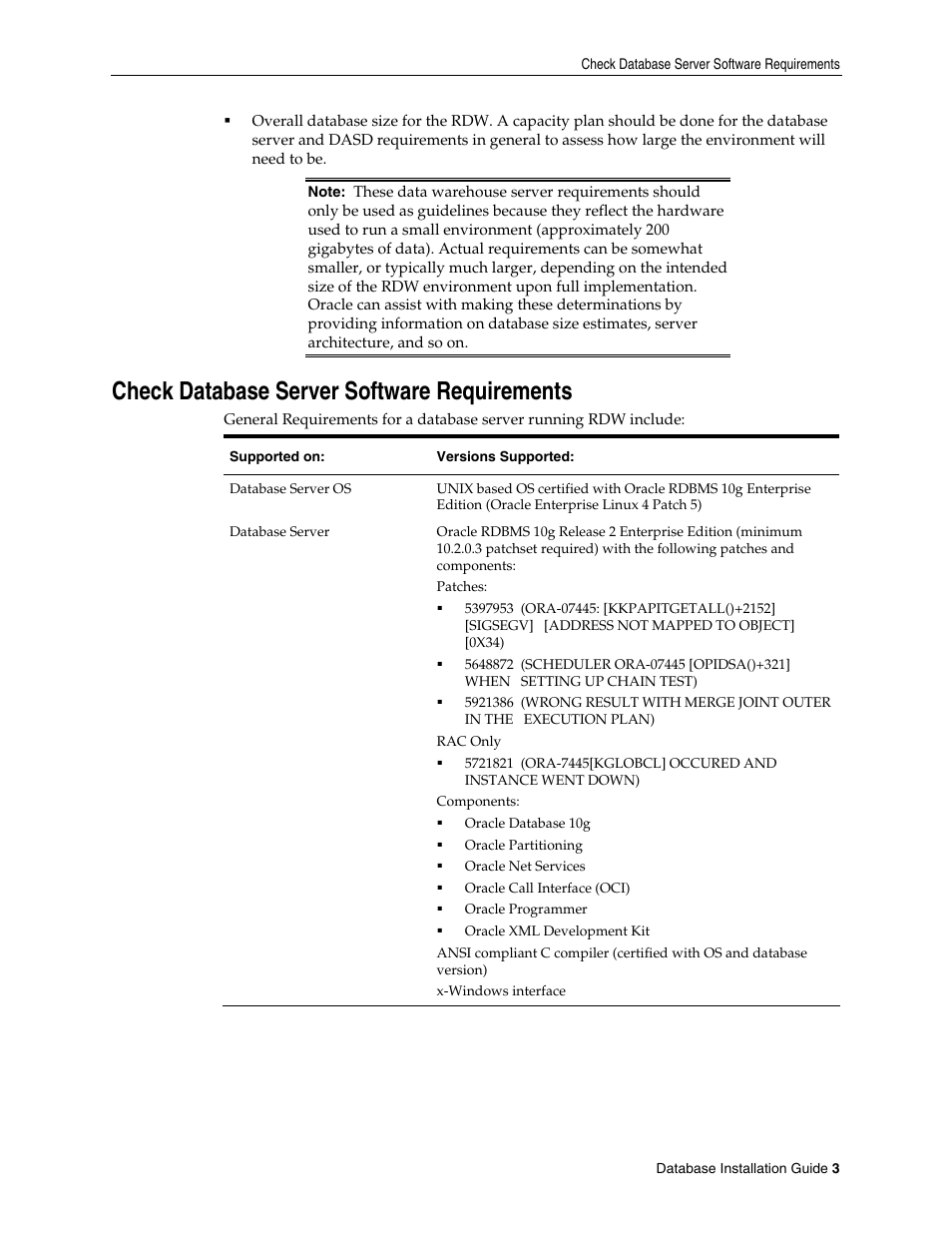 Check database server software requirements | Oracle Audio Technologies Retail Data Warehouse 13 User Manual | Page 11 / 35