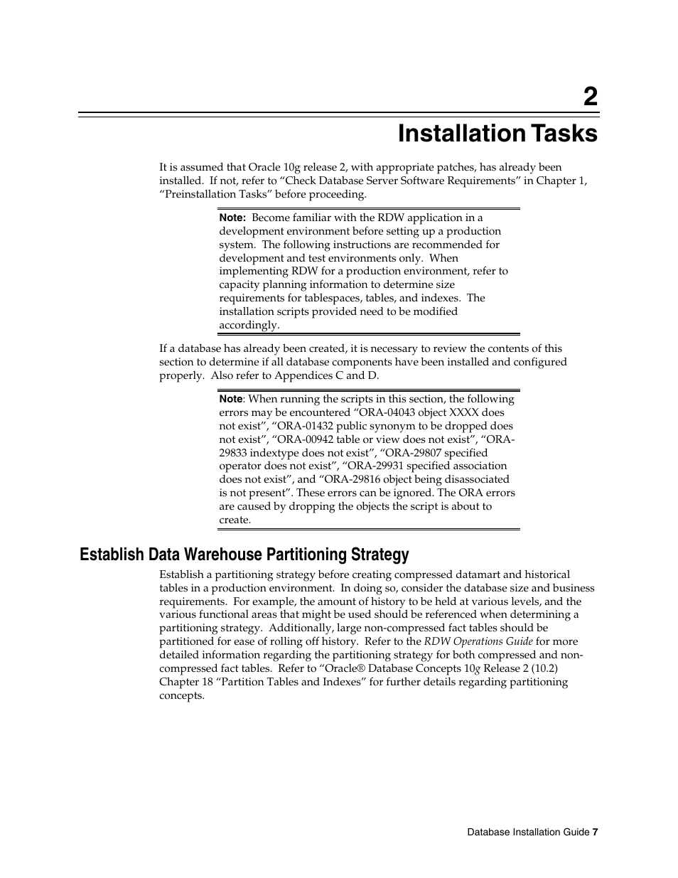 Installation tasks, Establish data warehouse partitioning strategy | Oracle Audio Technologies Retail Data Warehouse 13 User Manual | Page 15 / 35