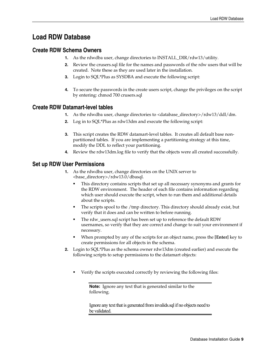 Load rdw database, Create rdw schema owners, Create rdw datamart-level tables | Set up rdw user permissions | Oracle Audio Technologies Retail Data Warehouse 13 User Manual | Page 17 / 35