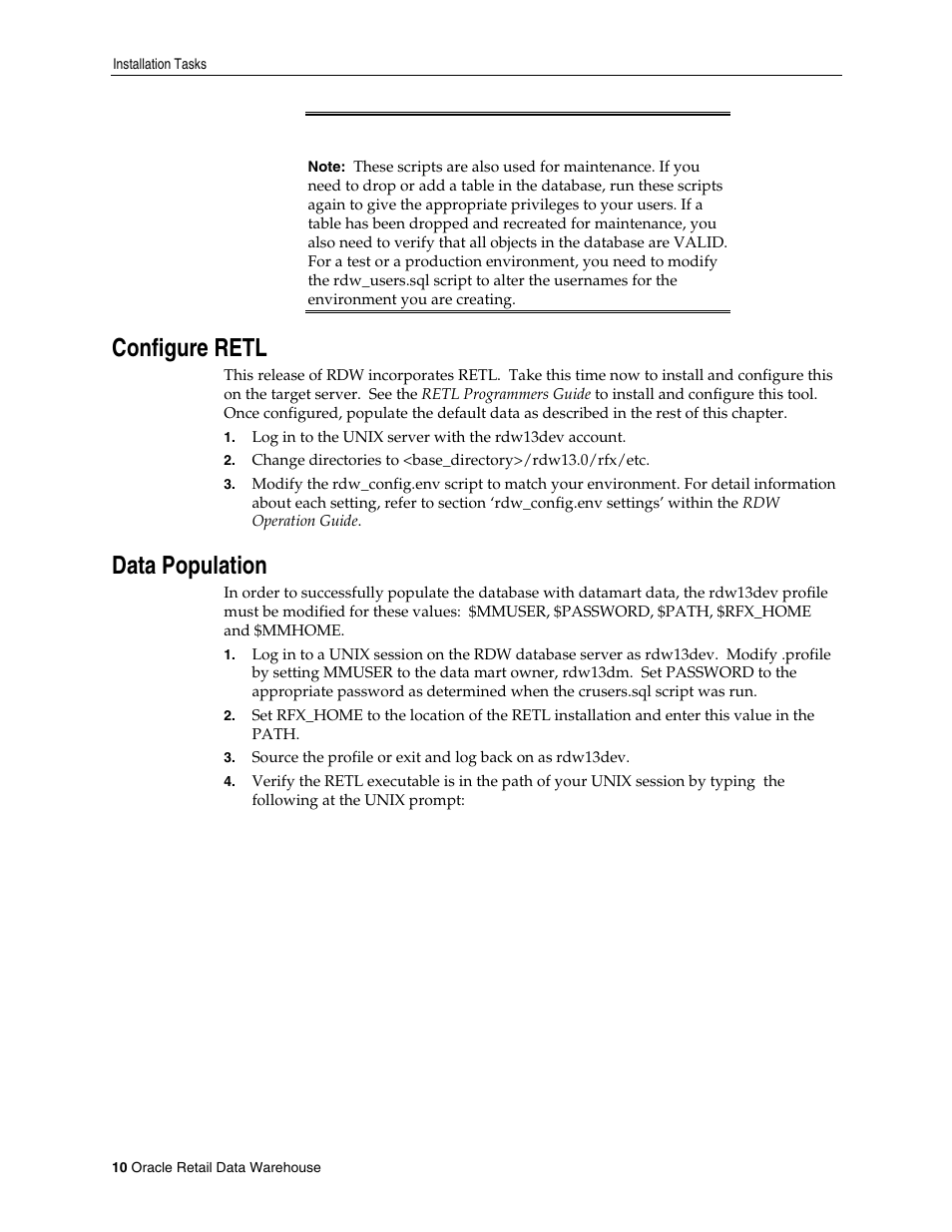 Configure retl, Data population | Oracle Audio Technologies Retail Data Warehouse 13 User Manual | Page 18 / 35