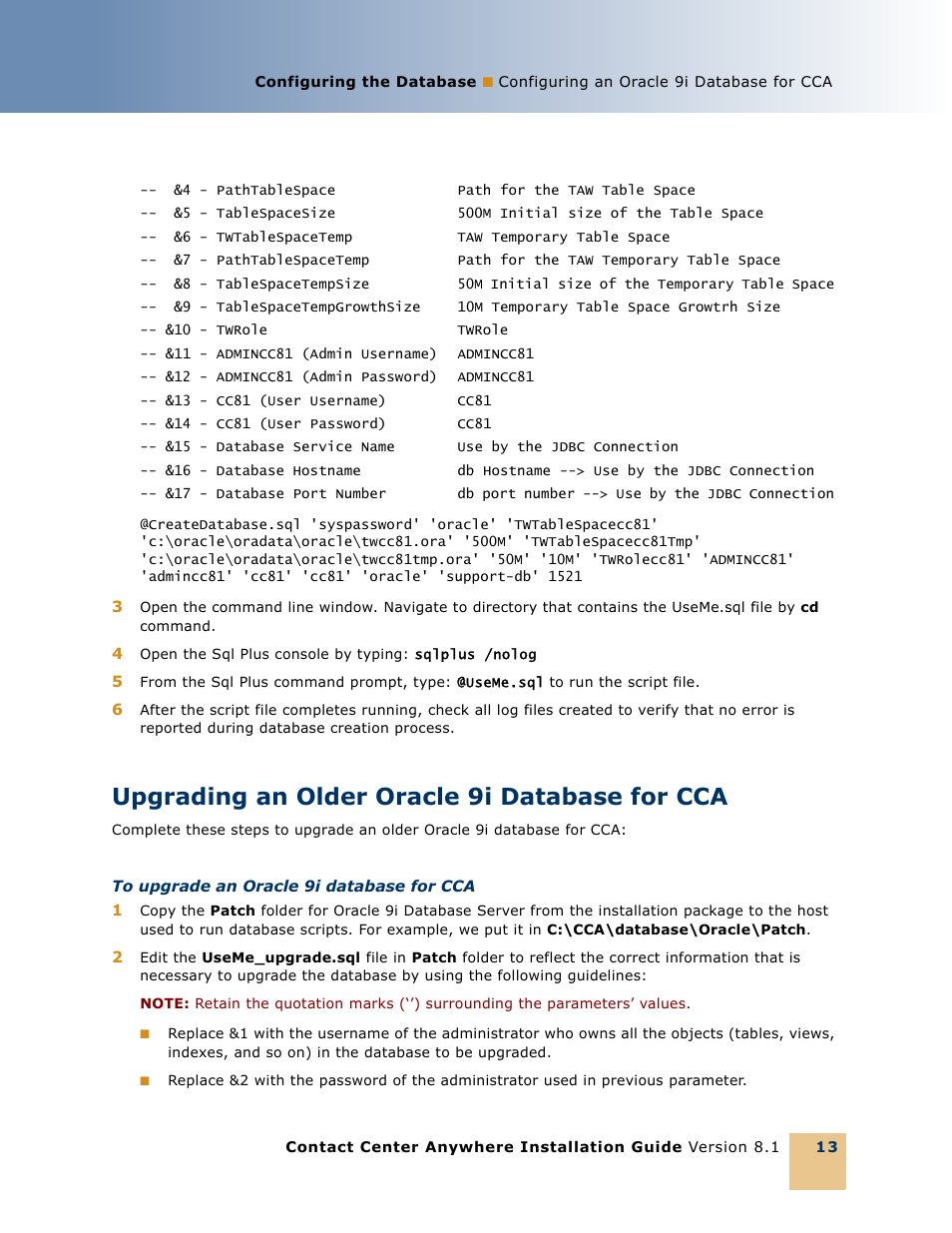 Upgrading an older oracle 9i database for cca, Upgrading an older oracle 9i database for cca 13 | Oracle Audio Technologies 8.1 User Manual | Page 15 / 54