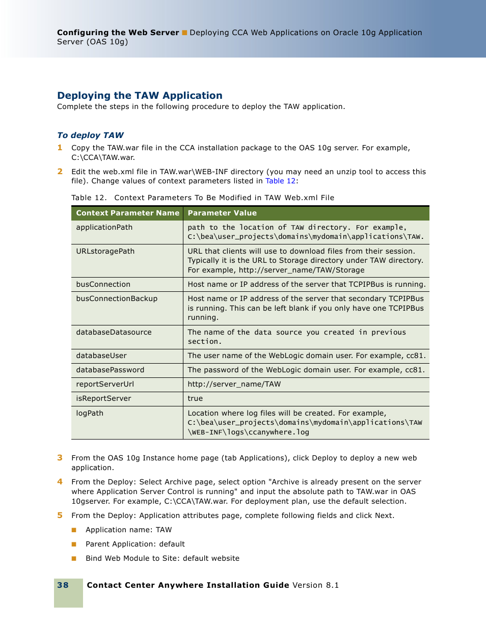 Deploying the taw application | Oracle Audio Technologies 8.1 User Manual | Page 40 / 54