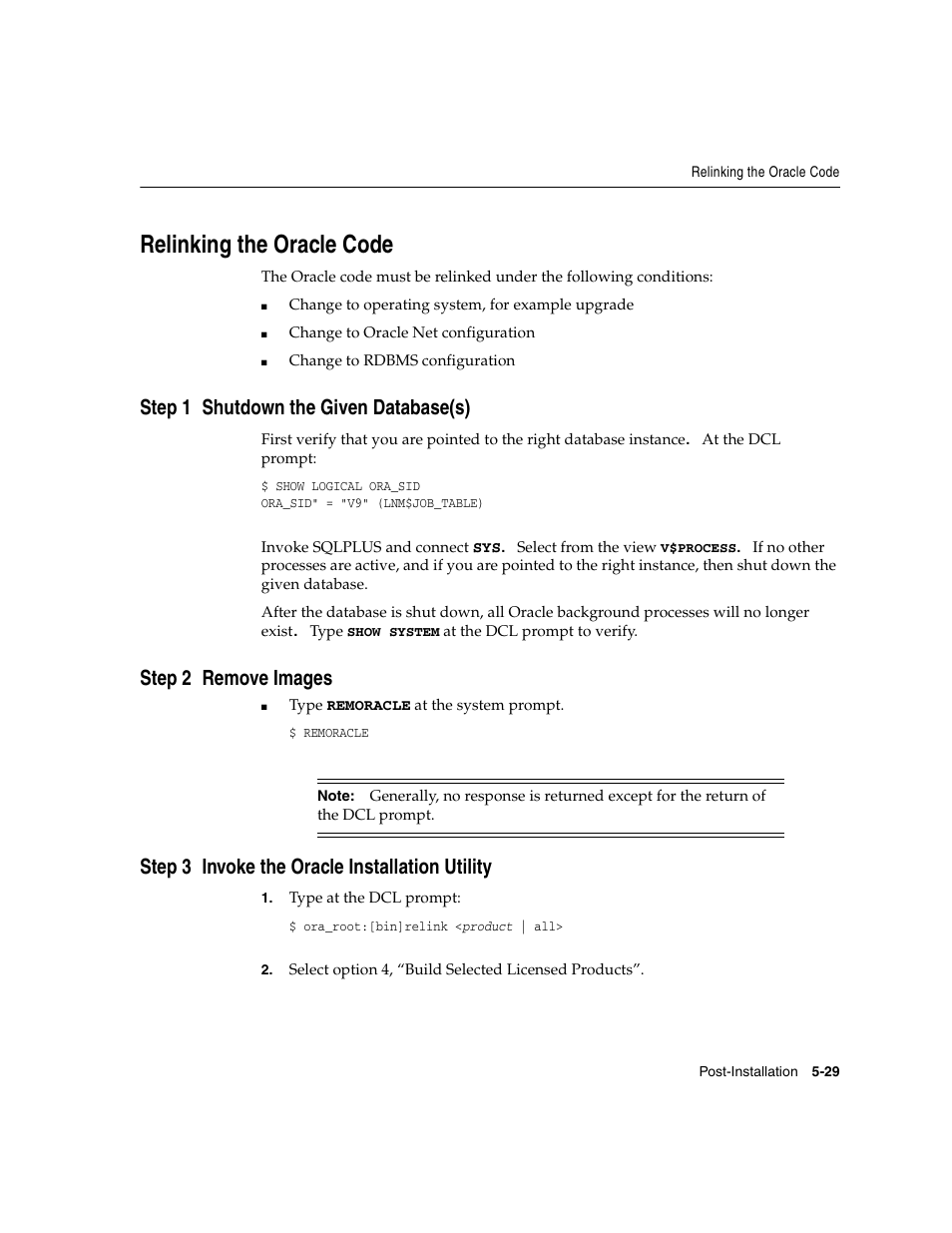 Relinking the oracle code, Step1shutdown the given database(s), Step2remove images | Step3invoke the oracle installation utility, Step 1 shutdown the given database(s), Step 2 remove images, Step 3 invoke the oracle installation utility | Oracle Audio Technologies ORACLE9I B10508-01 User Manual | Page 105 / 186