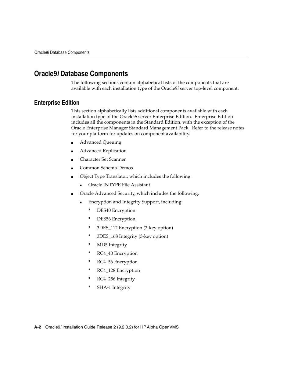 Oracle9i database components, Enterprise edition, Oracle9 | Oracle9 i database components | Oracle Audio Technologies ORACLE9I B10508-01 User Manual | Page 108 / 186