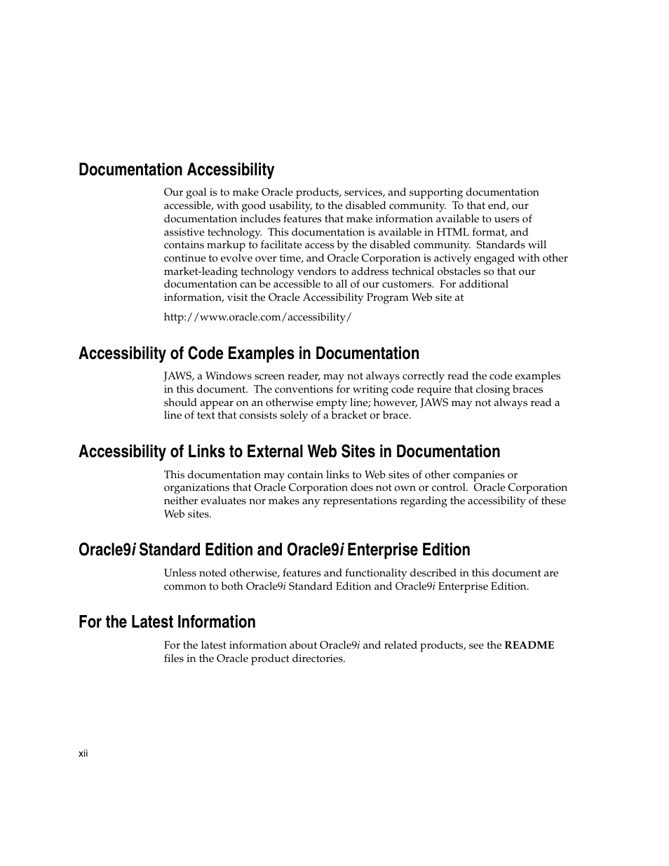 Documentation accessibility, Accessibility of code examples in documentation, For the latest information | Oracle Audio Technologies ORACLE9I B10508-01 User Manual | Page 12 / 186