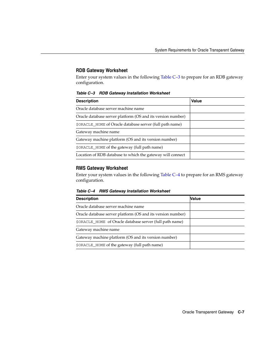 Rdb gateway worksheet, Rms gateway worksheet | Oracle Audio Technologies ORACLE9I B10508-01 User Manual | Page 143 / 186