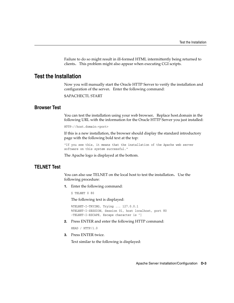 Test the installation, Browser test, Telnet test | Oracle Audio Technologies ORACLE9I B10508-01 User Manual | Page 149 / 186