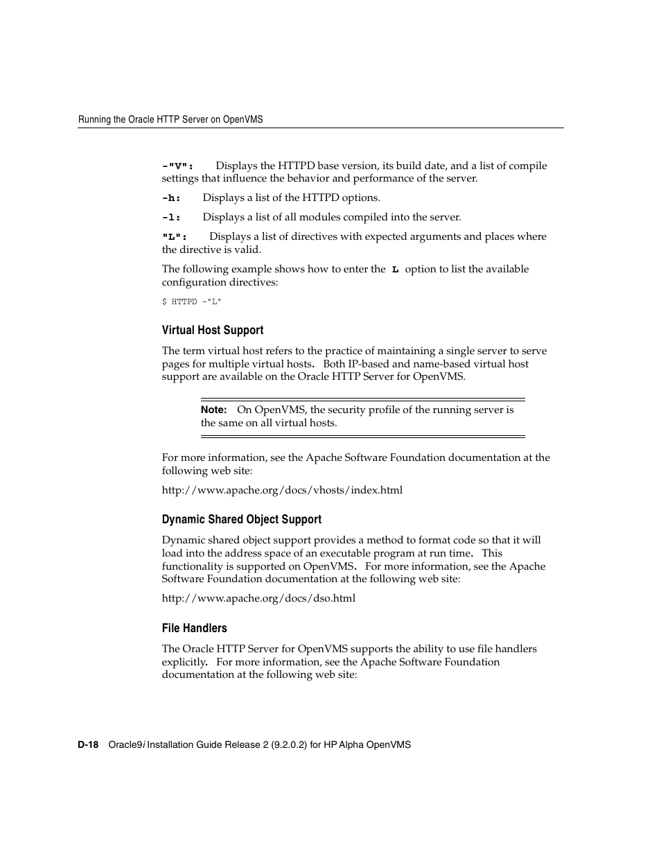 Virtual host support, Dynamic shared object support, File handlers | Oracle Audio Technologies ORACLE9I B10508-01 User Manual | Page 164 / 186