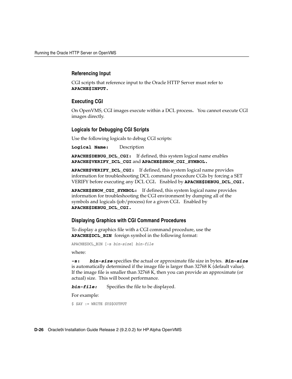 Referencing input, Executing cgi, Logicals for debugging cgi scripts | Displaying graphics with cgi command procedures | Oracle Audio Technologies ORACLE9I B10508-01 User Manual | Page 172 / 186