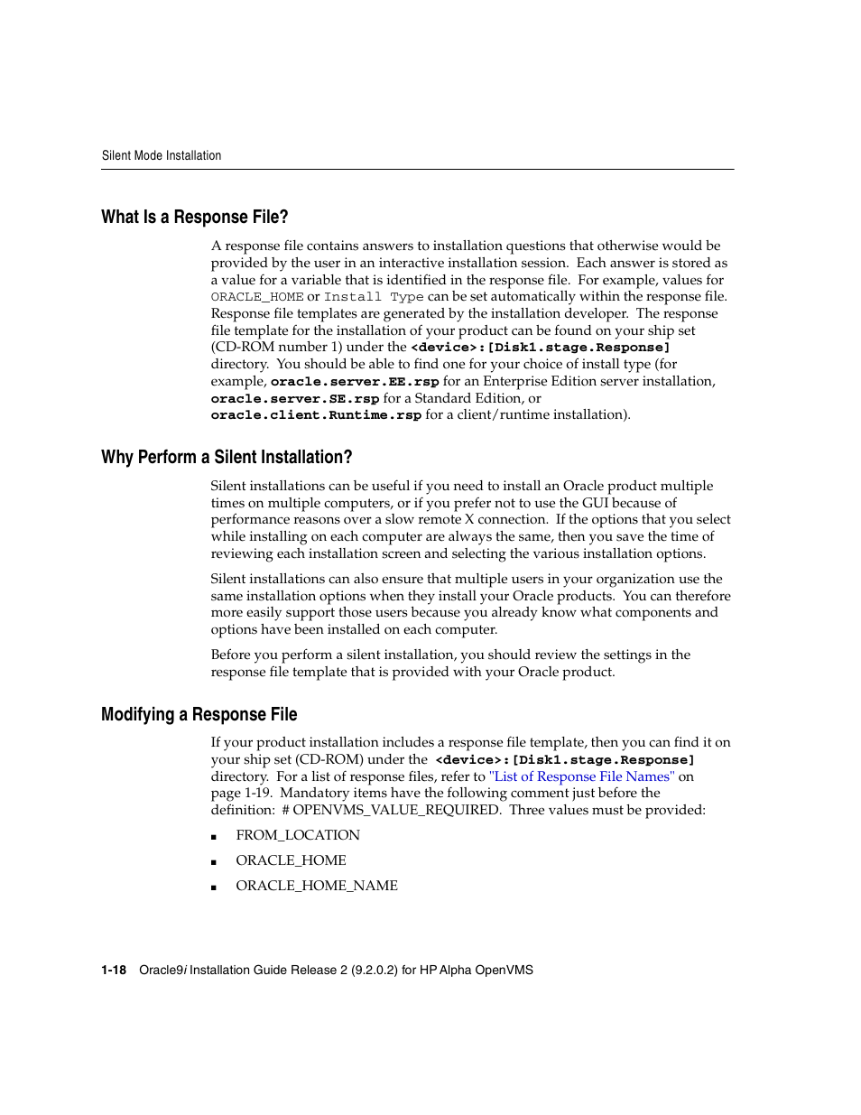 What is a response file, Why perform a silent installation, Modifying a response file | Oracle Audio Technologies ORACLE9I B10508-01 User Manual | Page 34 / 186