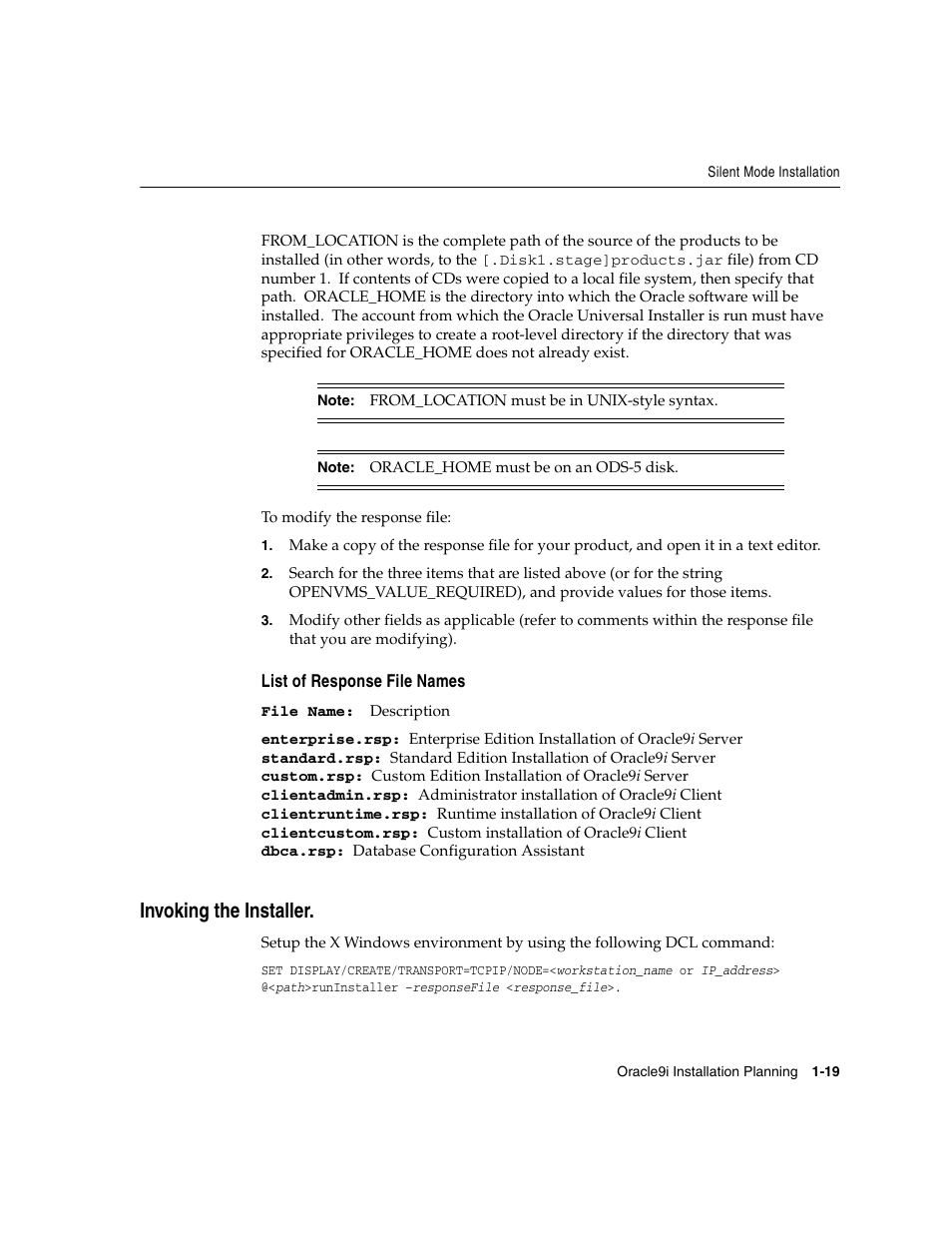 List of response file names, Invoking the installer | Oracle Audio Technologies ORACLE9I B10508-01 User Manual | Page 35 / 186