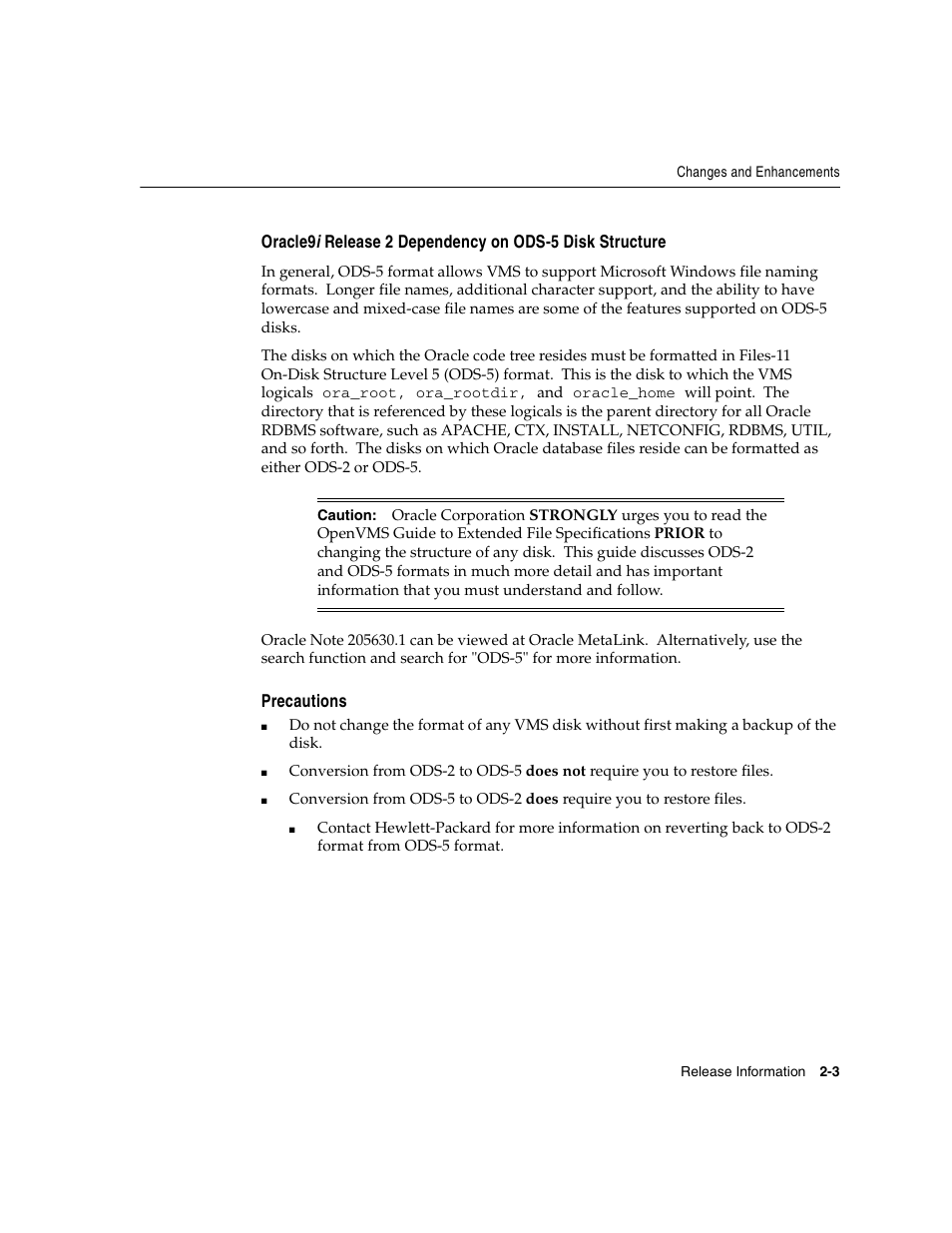 Precautions, Oracle9i, Release 2 dependency on ods-5 disk structure | Oracle Audio Technologies ORACLE9I B10508-01 User Manual | Page 39 / 186