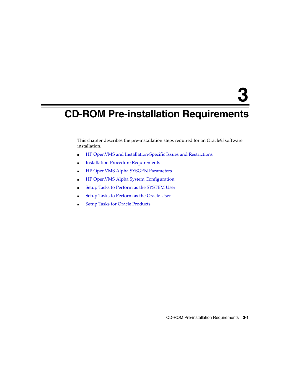 3 cdrom preinstallation requirements, Cd-rom pre-installation requirements, Chapter 3, "cd-rom pre-installation requirements | Oracle Audio Technologies ORACLE9I B10508-01 User Manual | Page 45 / 186