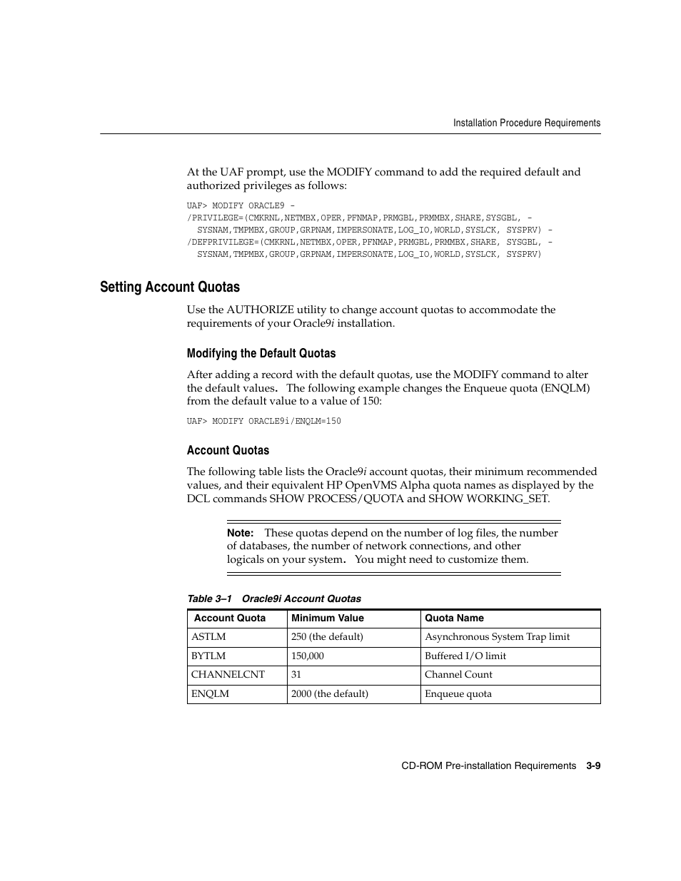 Setting account quotas, Modifying the default quotas, Account quotas | Oracle Audio Technologies ORACLE9I B10508-01 User Manual | Page 53 / 186