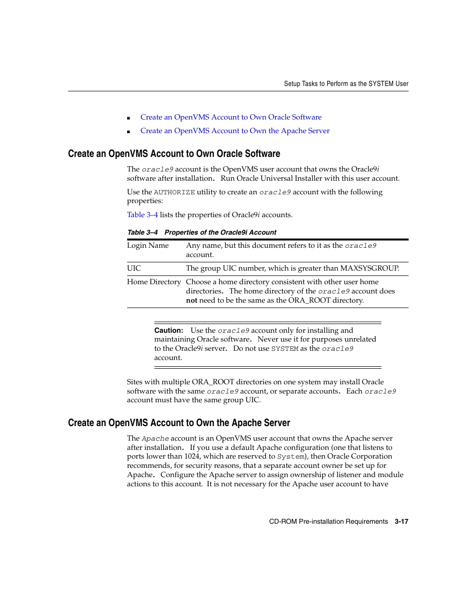 Create an openvms account to own oracle software, Create an openvms account to own the apache server | Oracle Audio Technologies ORACLE9I B10508-01 User Manual | Page 61 / 186