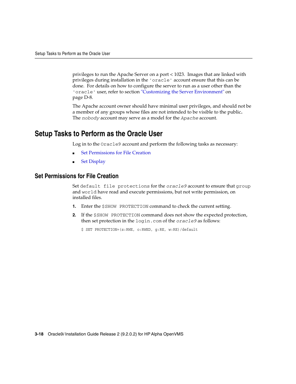 Setup tasks to perform as the oracle user, Set permissions for file creation | Oracle Audio Technologies ORACLE9I B10508-01 User Manual | Page 62 / 186