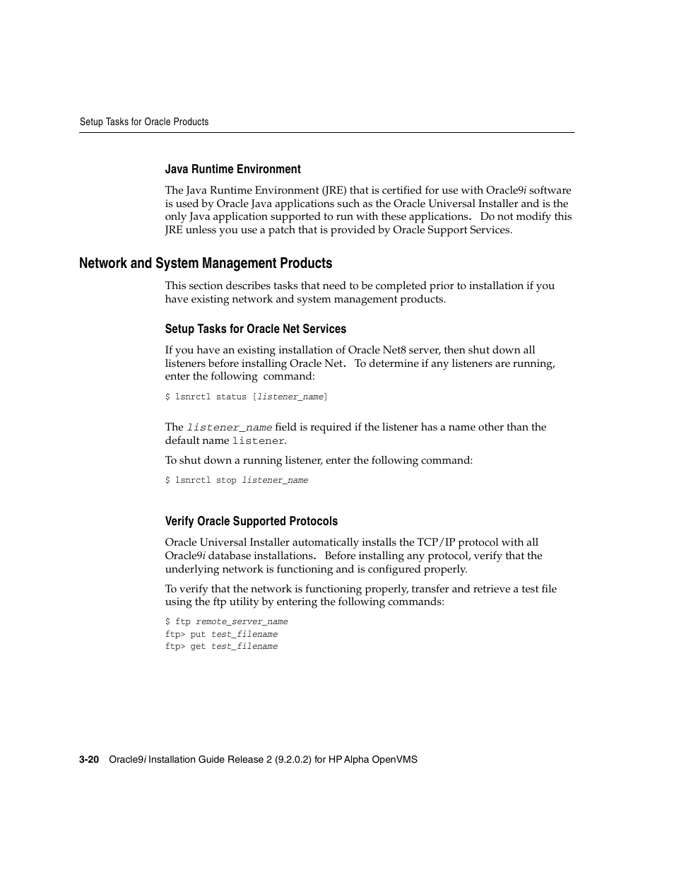 Java runtime environment, Network and system management products, Setup tasks for oracle net services | Verify oracle supported protocols | Oracle Audio Technologies ORACLE9I B10508-01 User Manual | Page 64 / 186