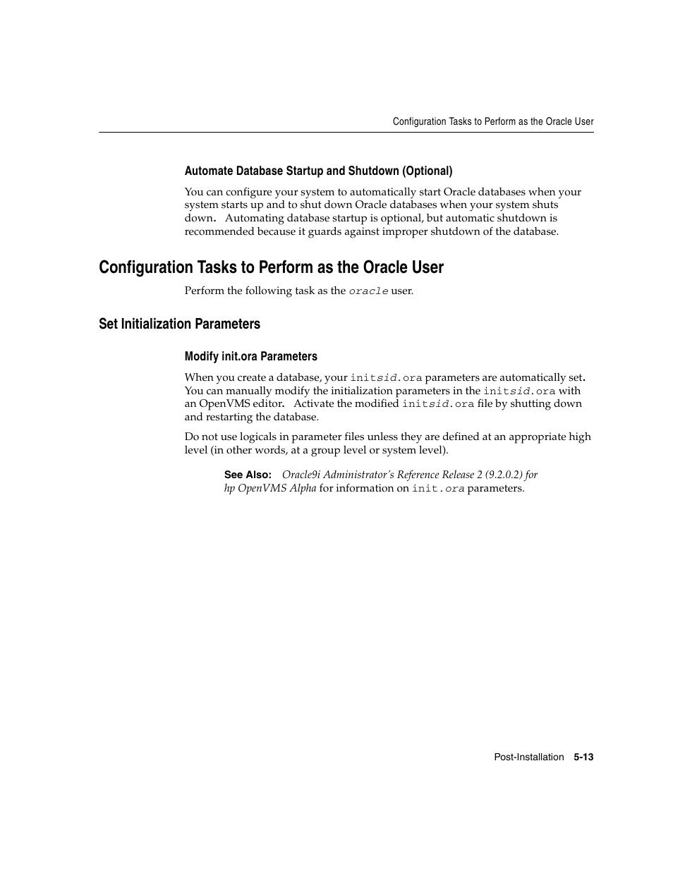 Automate database startup and shutdown (optional), Configuration tasks to perform as the oracle user, Set initialization parameters | Modify init.ora parameters | Oracle Audio Technologies ORACLE9I B10508-01 User Manual | Page 89 / 186
