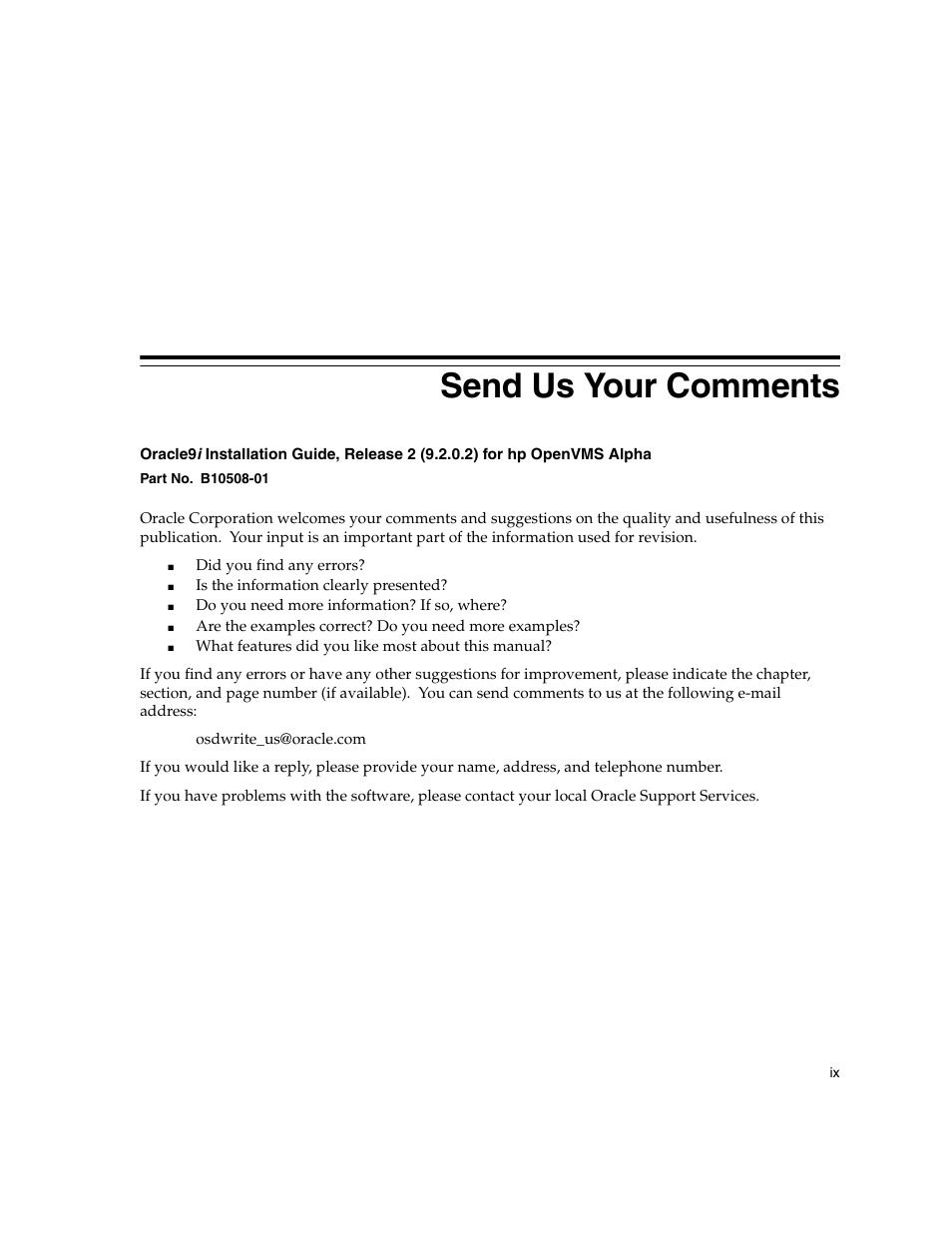 Send us your comments | Oracle Audio Technologies ORACLE9I B10508-01 User Manual | Page 9 / 186