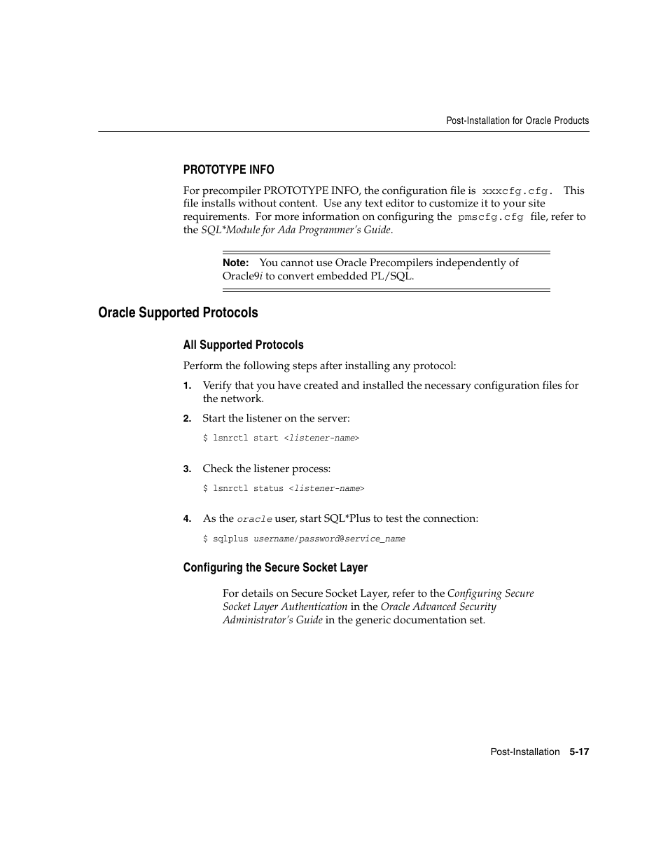 Prototype info, Oracle supported protocols, All supported protocols | Configuring the secure socket layer | Oracle Audio Technologies ORACLE9I B10508-01 User Manual | Page 93 / 186