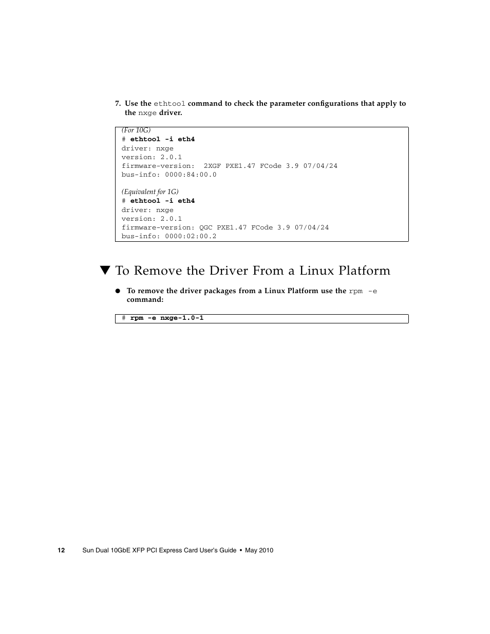 To remove the driver from a linux platform | Oracle Audio Technologies Sun Oracle SunDual 10GbE XFP User Manual | Page 22 / 86